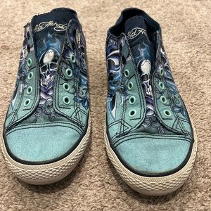 Ed Hardy blue skull slip on shoes